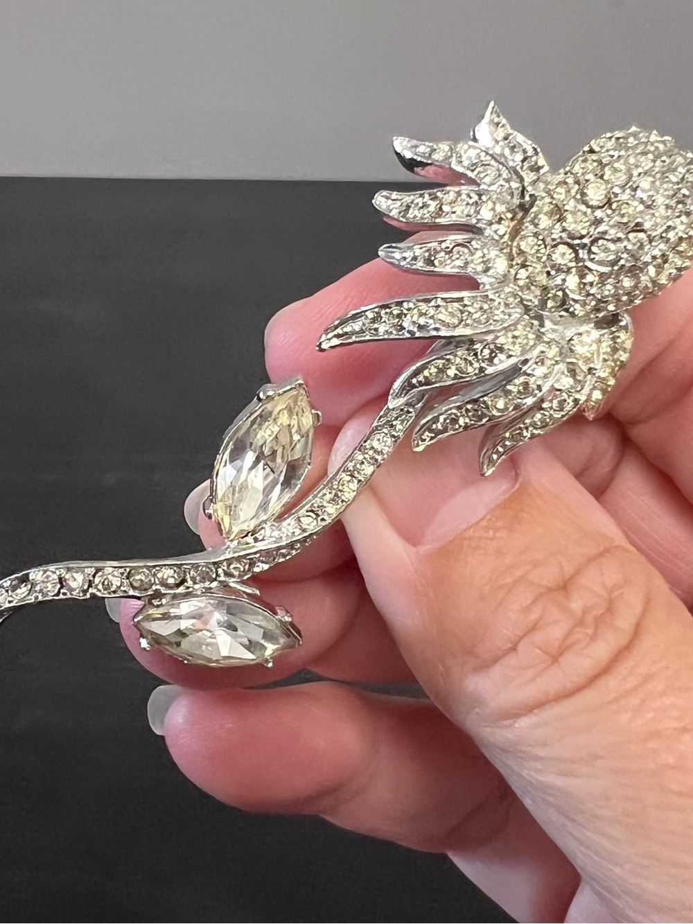 VTG Ledo Polcini Brooch Pave Coneflower Clear Rhinestones 3” Signed Art Deco